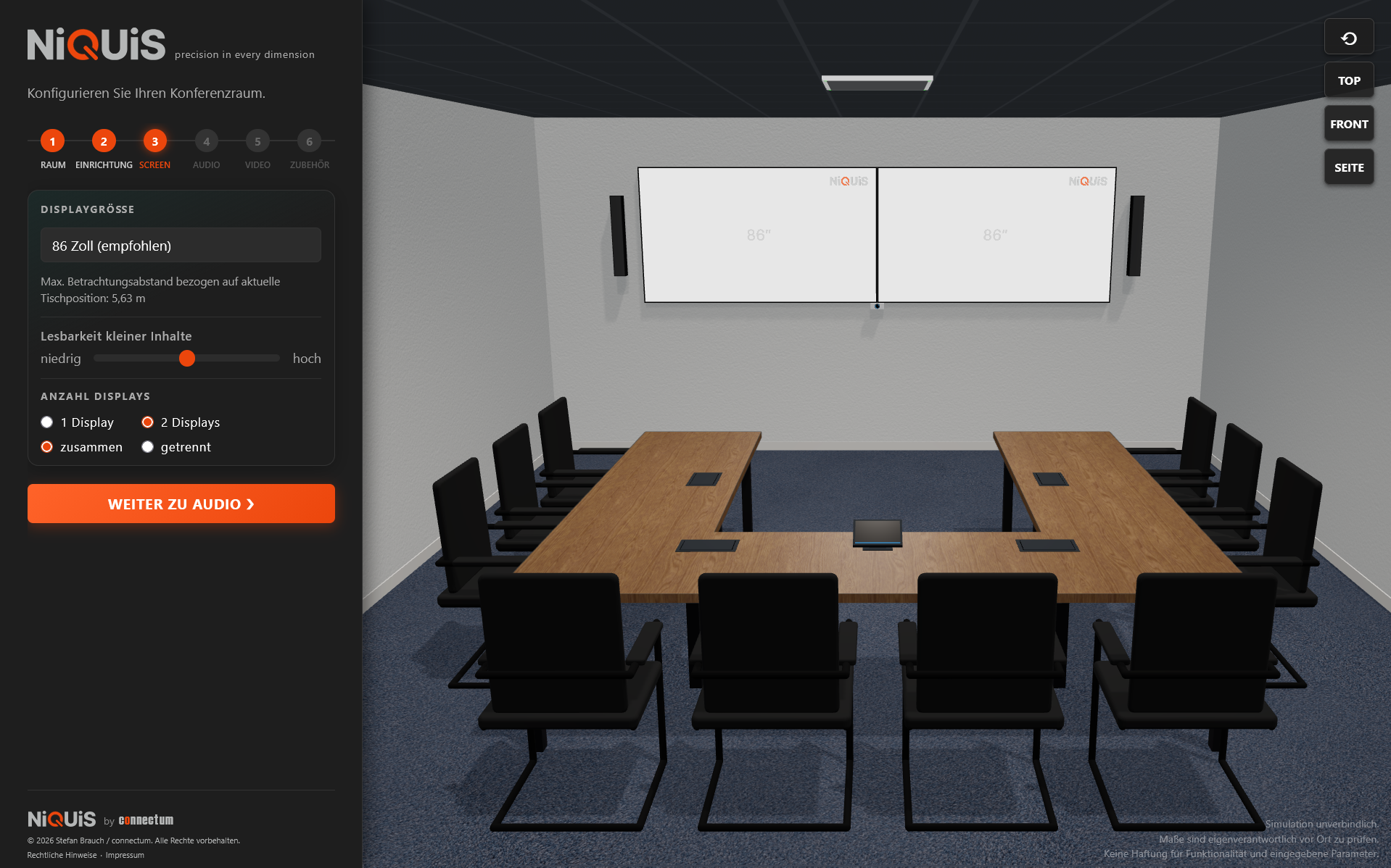 Betrachtungsabstand und Displaygröße im Verhältnis zum Tisch, geplant in der NiQUiS 3D-Ansicht