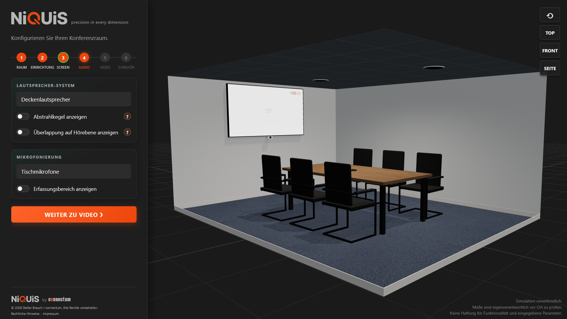 NiQUiS 3D-Konfigurator — kompakter Meetingraum mit Videobar, Display und Mikrofonerfassung visualisiert