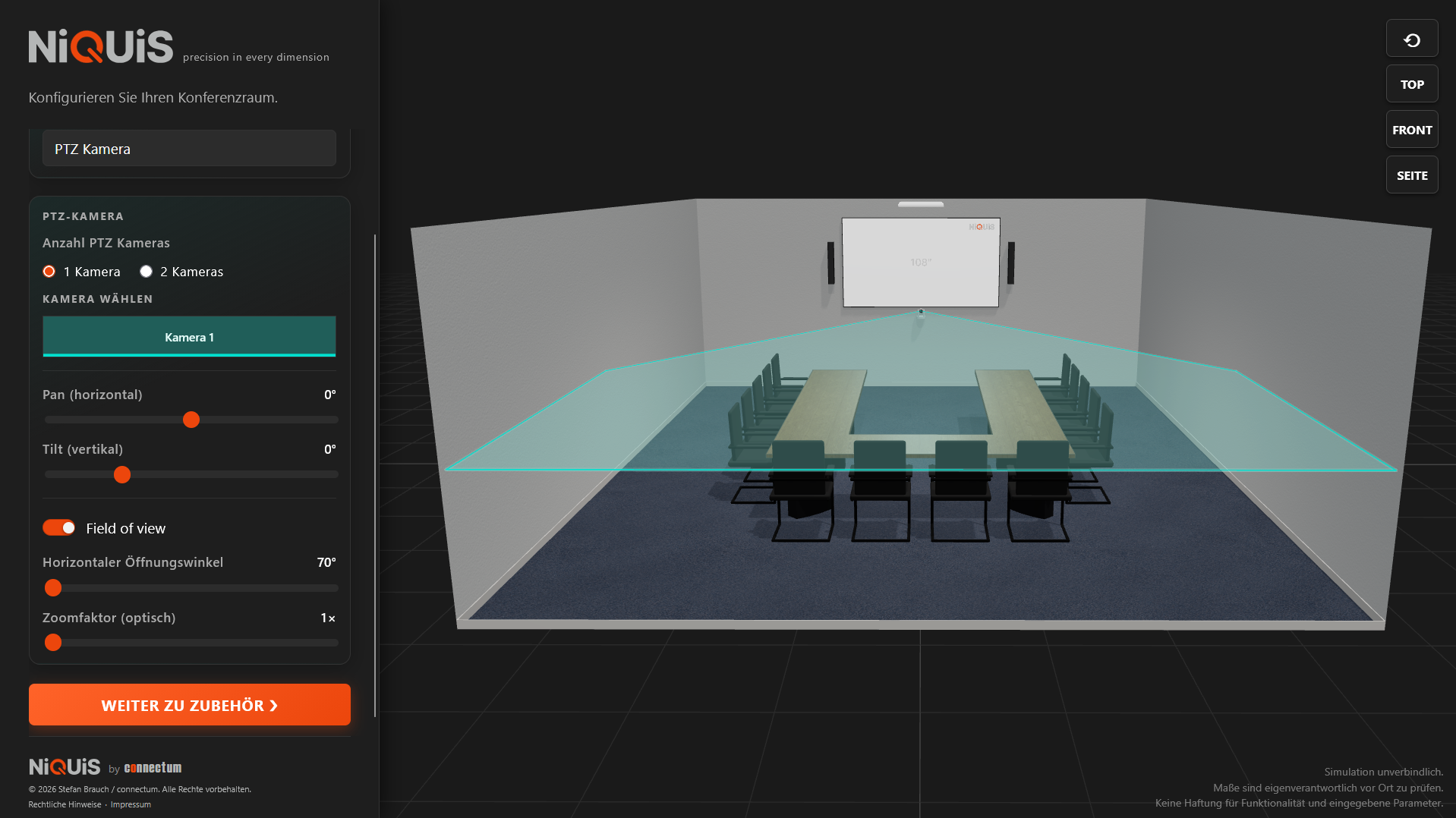 Kamera-Erfassungsbereich (Field of View) im Videokonferenz-Raum, dargestellt in der NiQUiS 3D-Planung