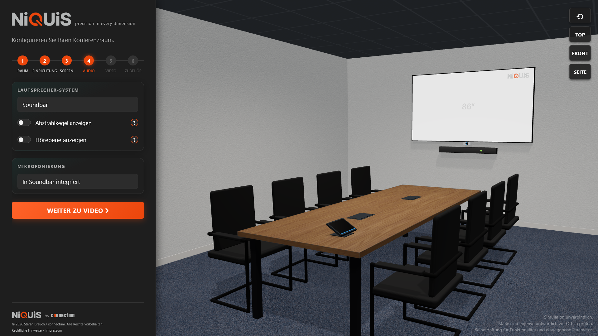 Zoom-zertifizierte Videobar mit Room Controller und Display in einem Meetingraum, geplant in NiQUiS